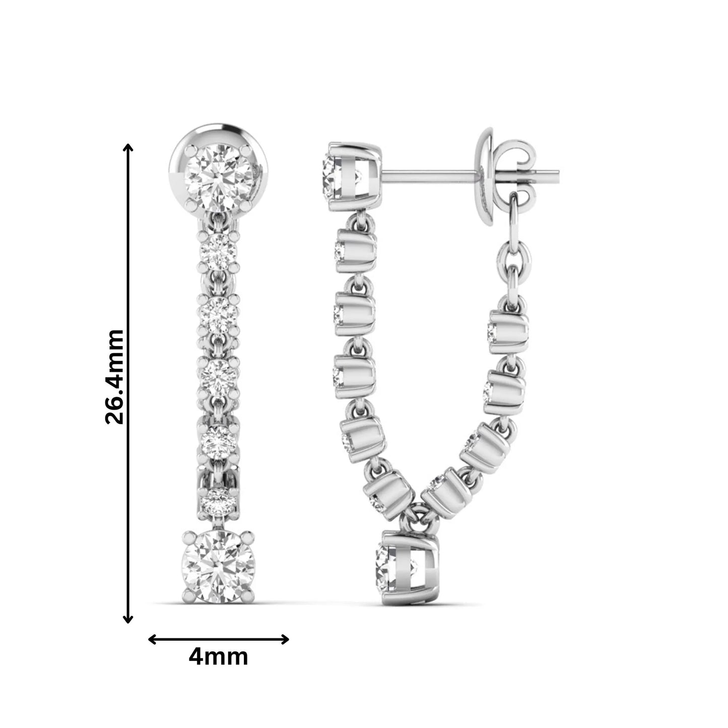 Round prong set lab grown diamond linear drop earrings featuring graduated round diamonds in a white gold finish with push back closure.