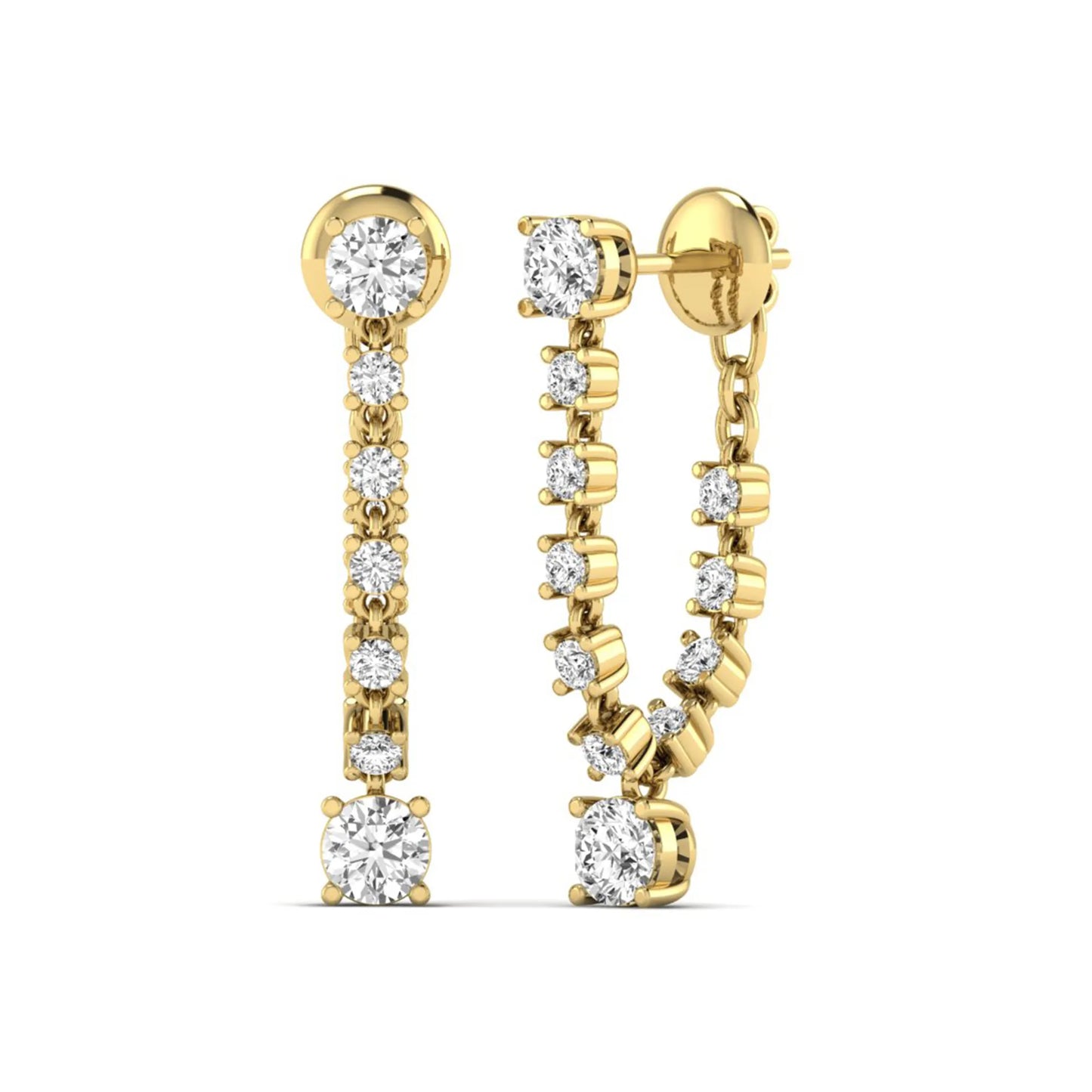 Round prong set lab grown diamond linear drop earrings featuring graduated round diamonds in a yellow gold finish with push back closure.