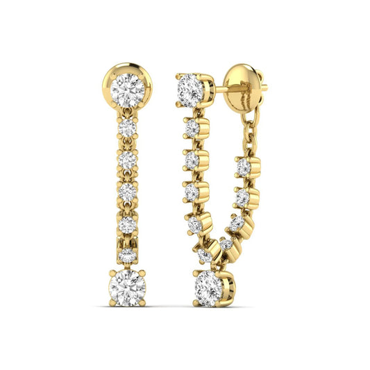 Round prong set lab grown diamond linear drop earrings featuring graduated round diamonds in a yellow gold finish with push back closure.