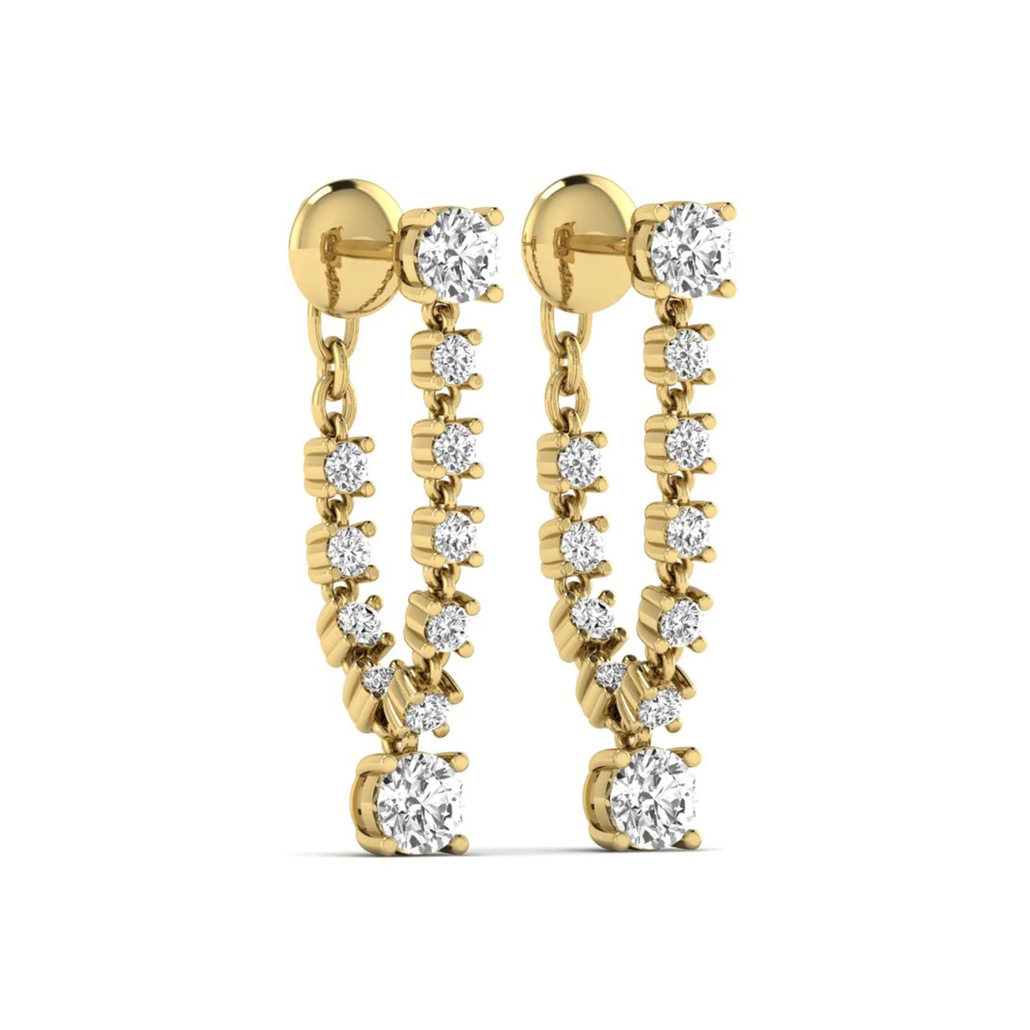 Round prong set lab grown diamond linear drop earrings featuring graduated round diamonds in a yellow gold finish with push back closure.