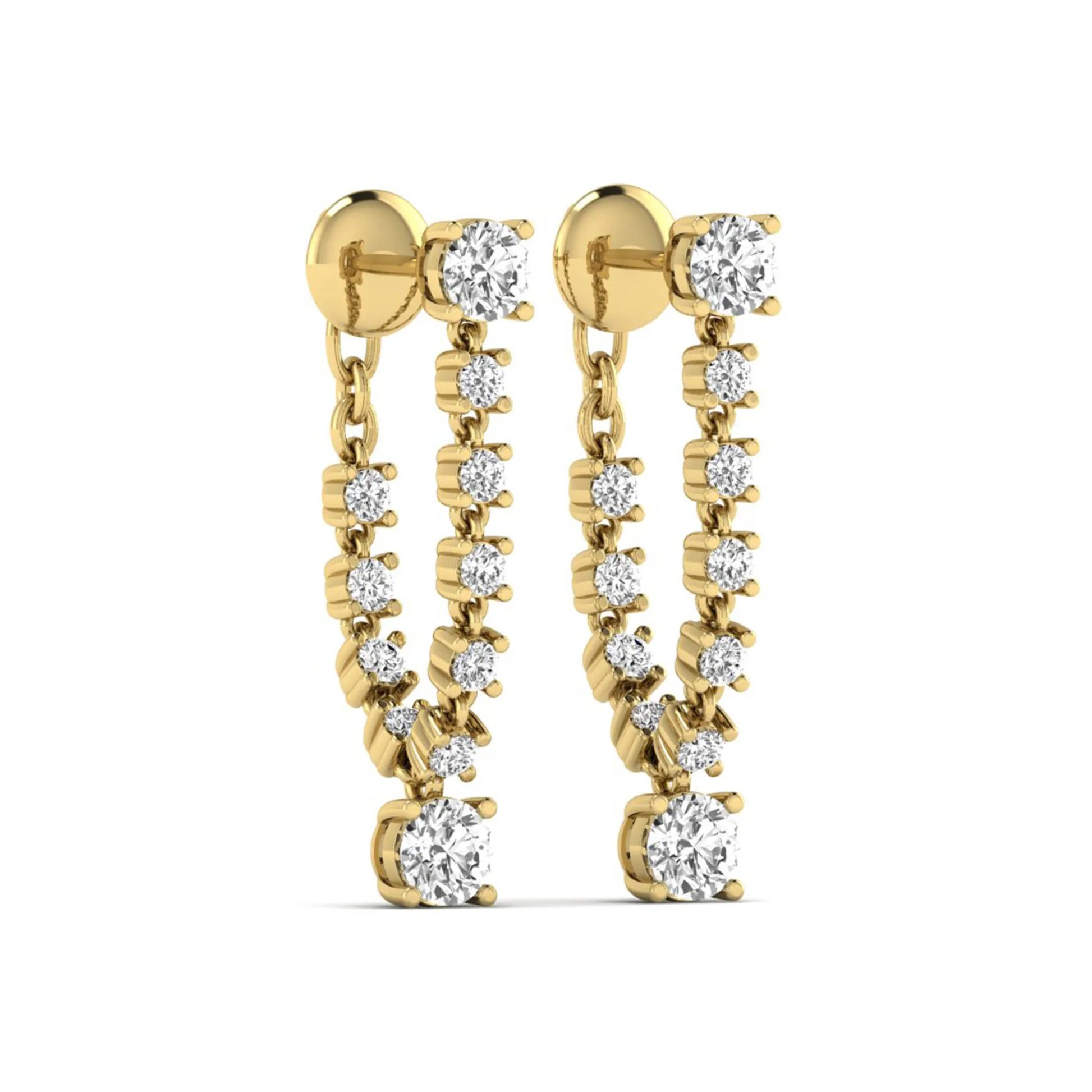 Round prong set lab grown diamond linear drop earrings featuring graduated round diamonds in a yellow gold finish with push back closure.