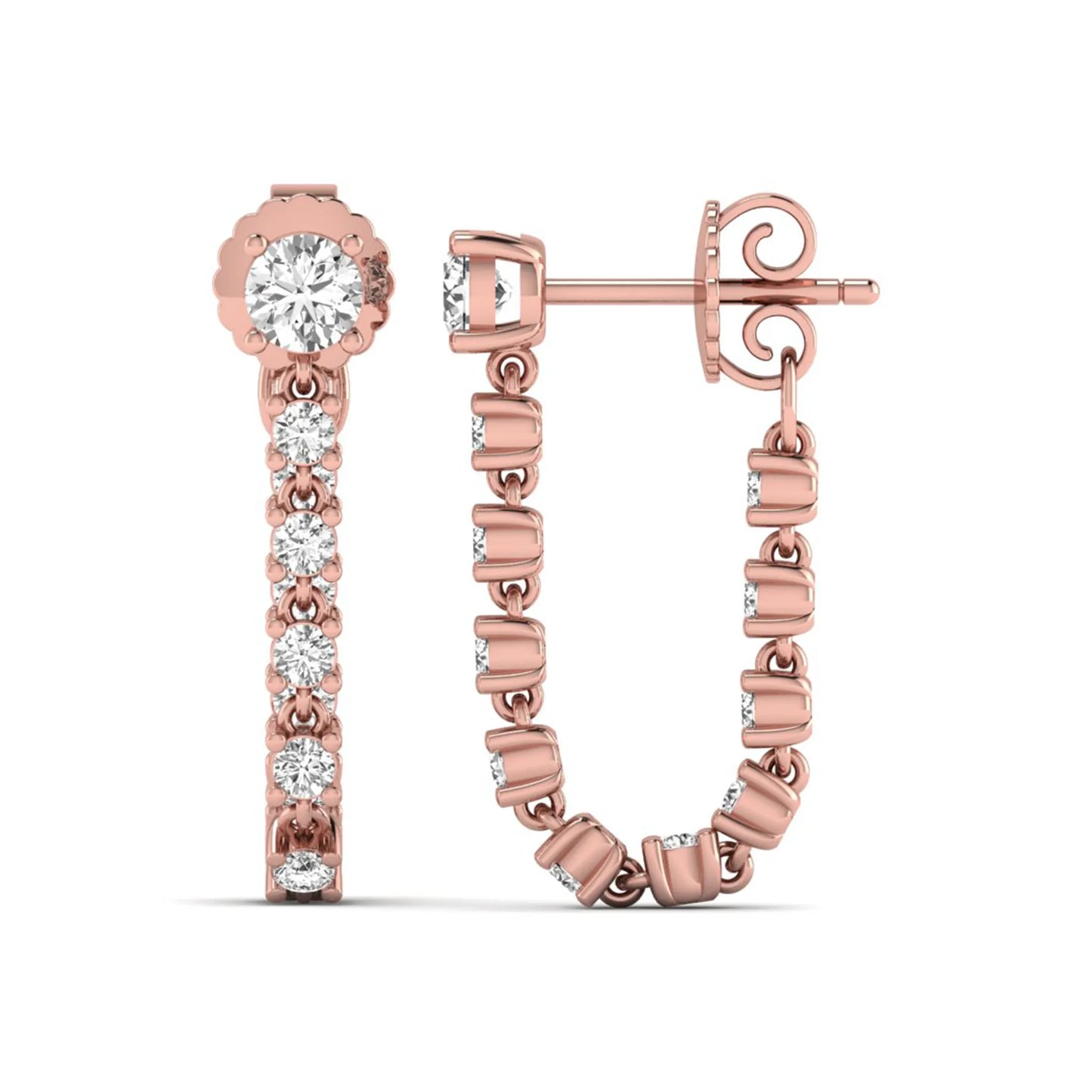 Round prong set lab grown diamond linear drop earrings featuring graduated round cut diamonds in a rose gold finish with push back closure.