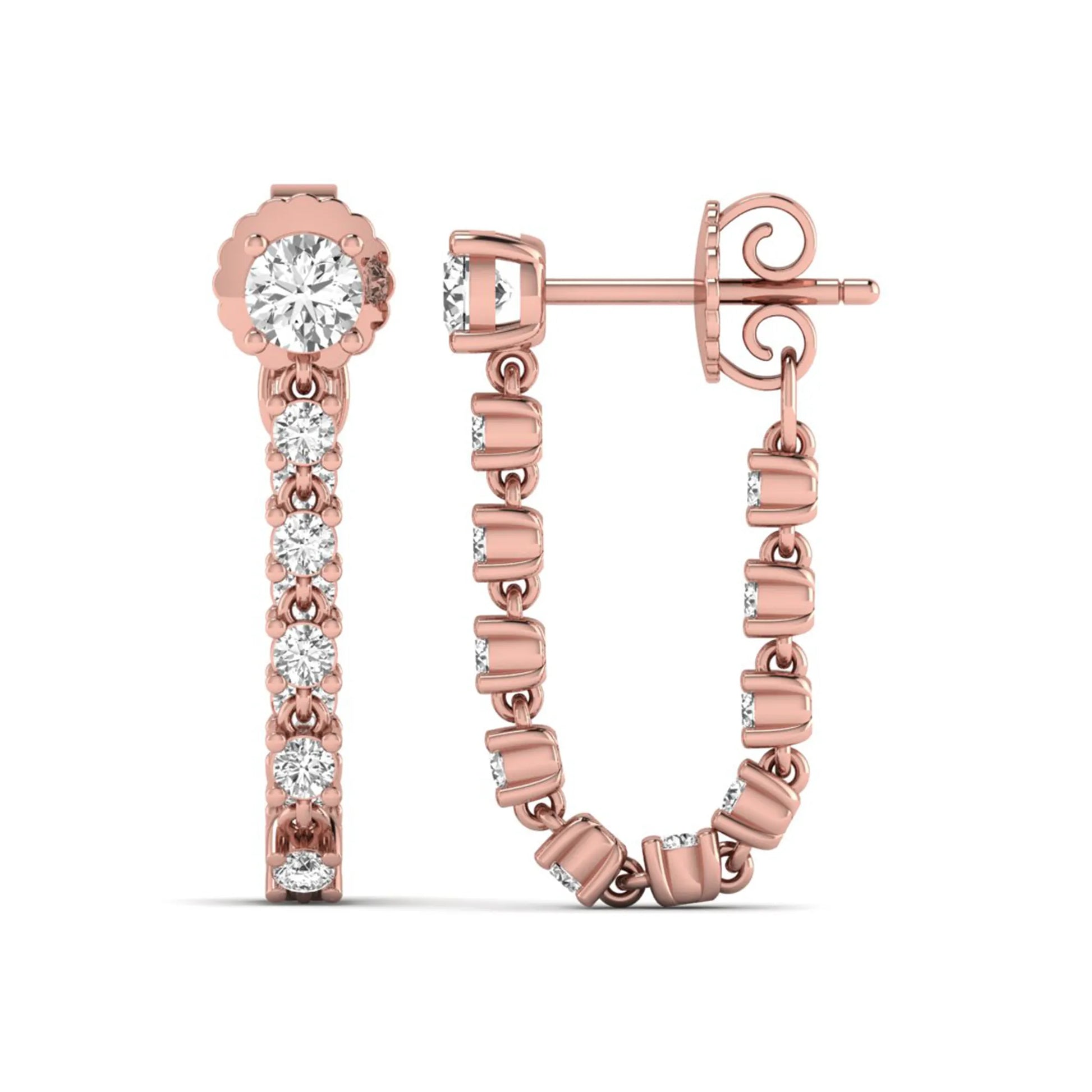 Round prong set lab grown diamond linear drop earrings featuring graduated round cut diamonds in a rose gold finish with push back closure.