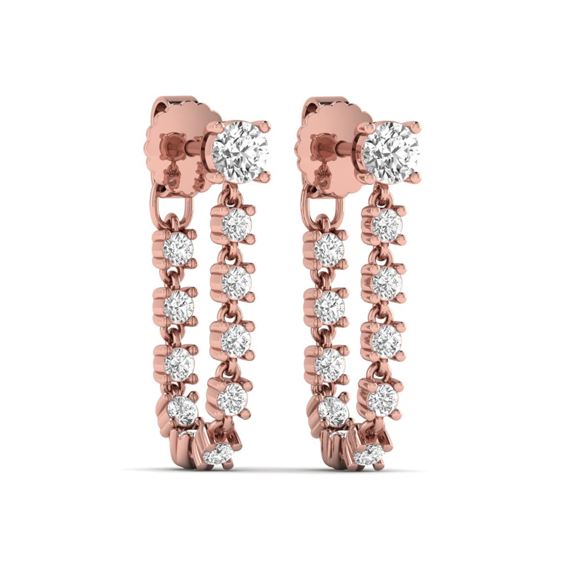 Round prong set lab grown diamond linear drop earrings featuring graduated round cut diamonds in a rose gold finish with push back closure.