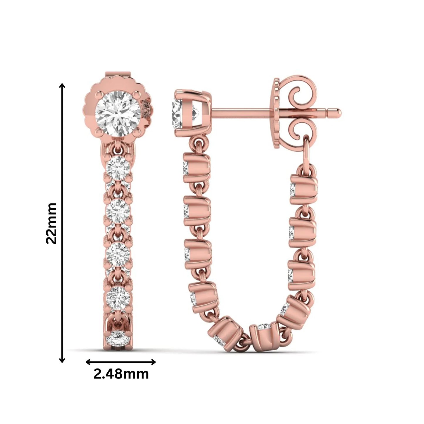Round prong set lab grown diamond linear drop earrings featuring graduated round cut diamonds in a rose gold finish with push back closure.