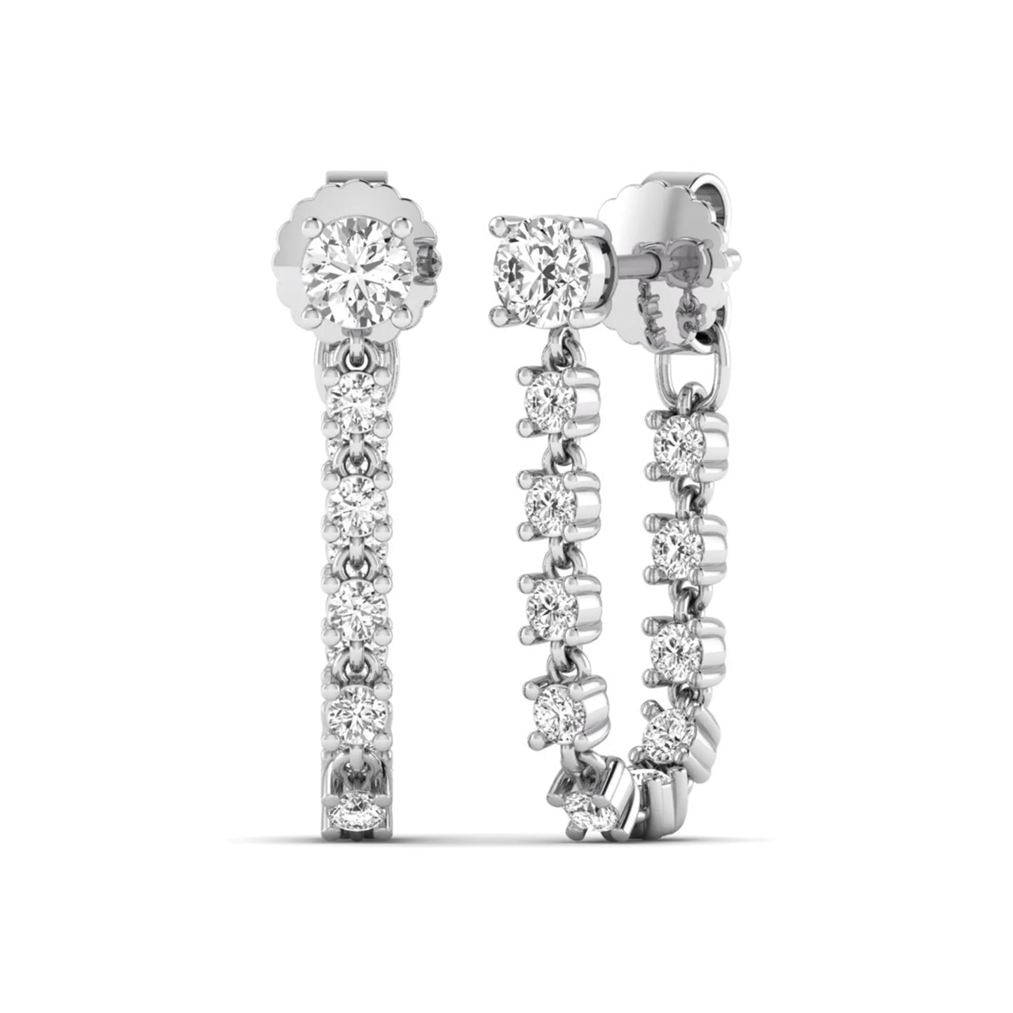 Round prong set lab grown diamond linear drop earrings featuring graduated round cut diamonds in a white gold finish with push back closure.