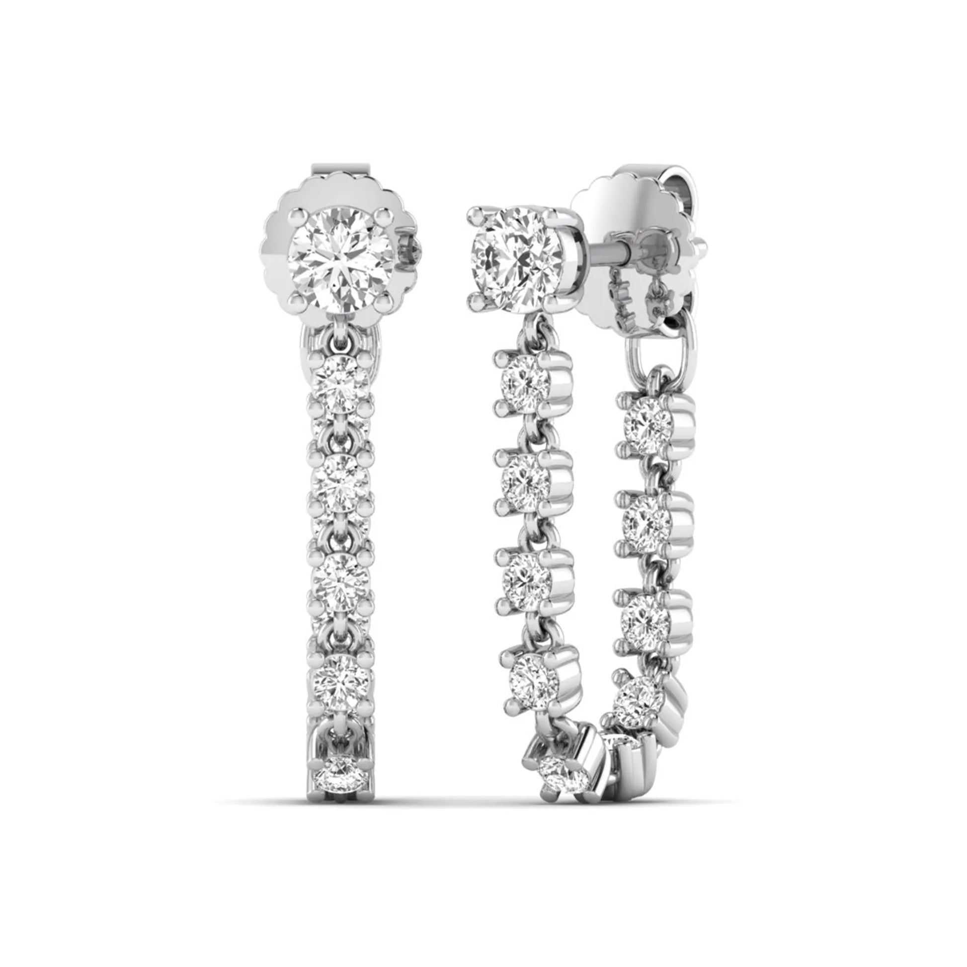 Round prong set lab grown diamond linear drop earrings featuring graduated round cut diamonds in a white gold finish with push back closure.