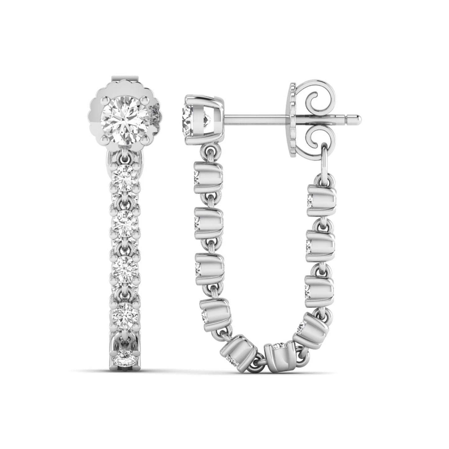 Round prong set lab grown diamond linear drop earrings featuring graduated round cut diamonds in a white gold finish with push back closure.