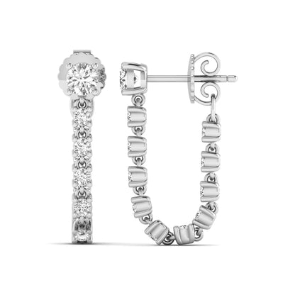 Round prong set lab grown diamond linear drop earrings featuring graduated round cut diamonds in a white gold finish with push back closure.