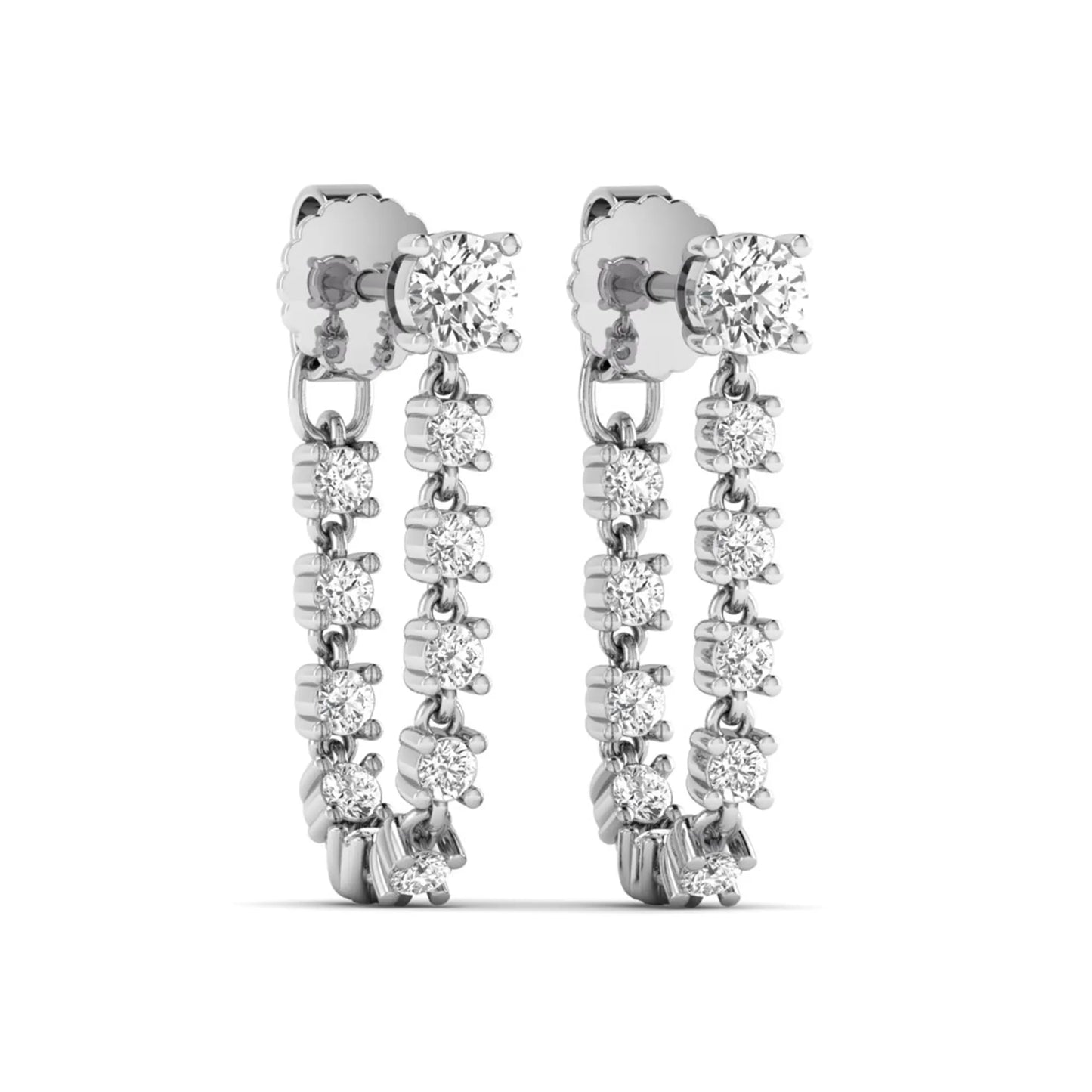 Round prong set lab grown diamond linear drop earrings featuring graduated round cut diamonds in a white gold finish with push back closure.