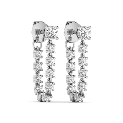 Round prong set lab grown diamond linear drop earrings featuring graduated round cut diamonds in a white gold finish with push back closure.