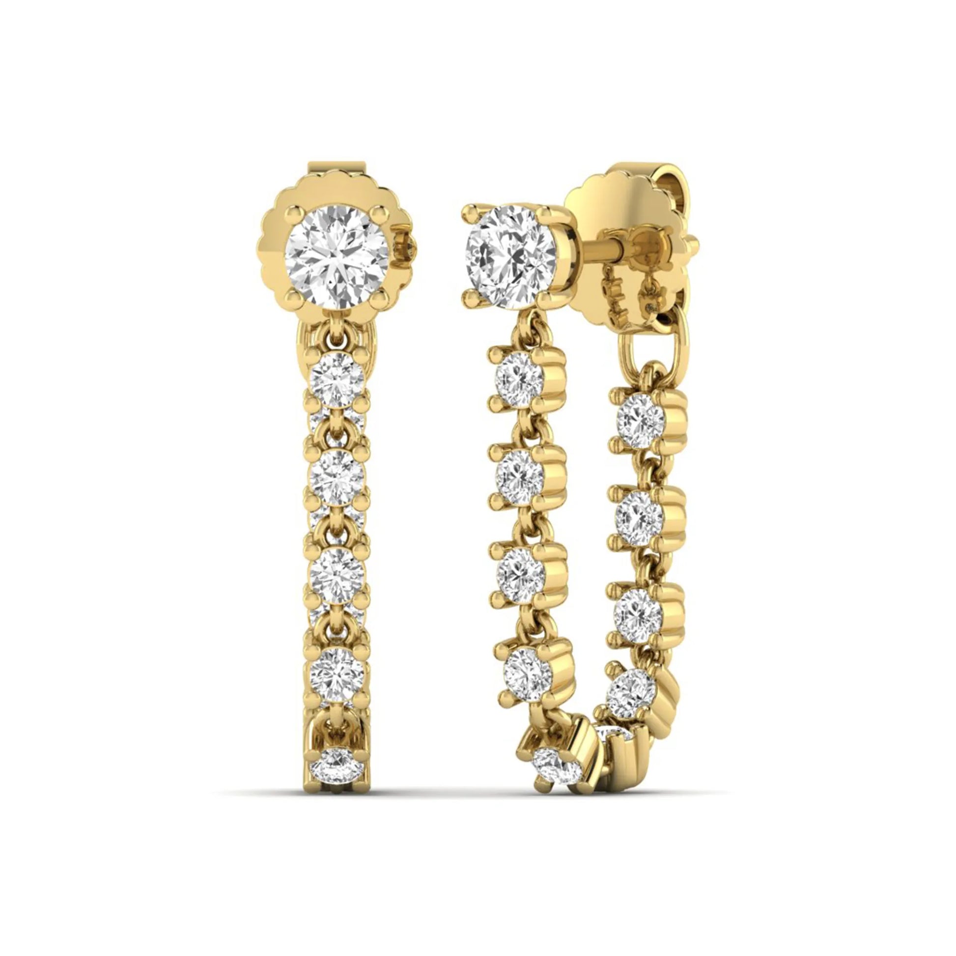 Round prong set lab grown diamond linear drop earrings featuring graduated round cut diamonds in a yellow gold finish with push back closure.