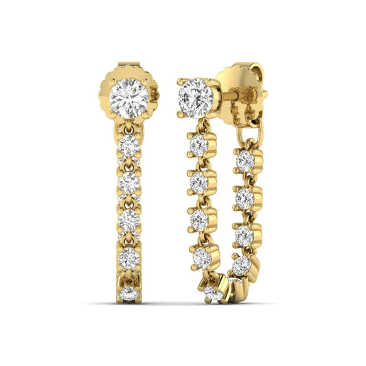 Round prong set lab grown diamond linear drop earrings featuring graduated round cut diamonds in a yellow gold finish with push back closure.