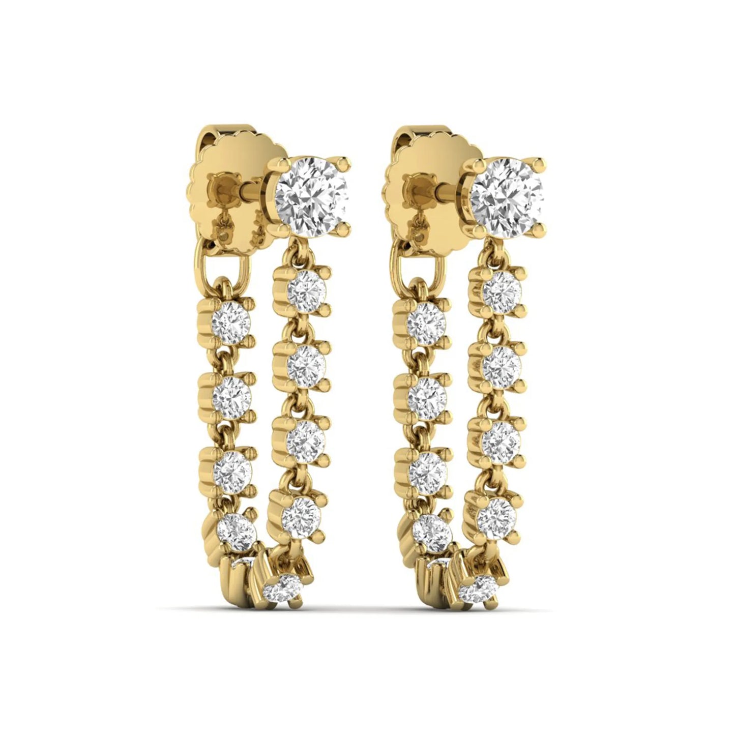 Round prong set lab grown diamond linear drop earrings featuring graduated round cut diamonds in a yellow gold finish with push back closure.