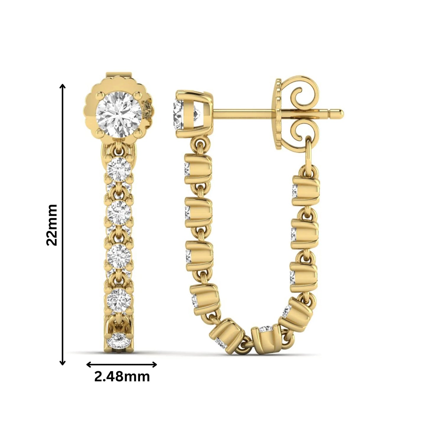 Round prong set lab grown diamond linear drop earrings featuring graduated round cut diamonds in a yellow gold finish with push back closure.