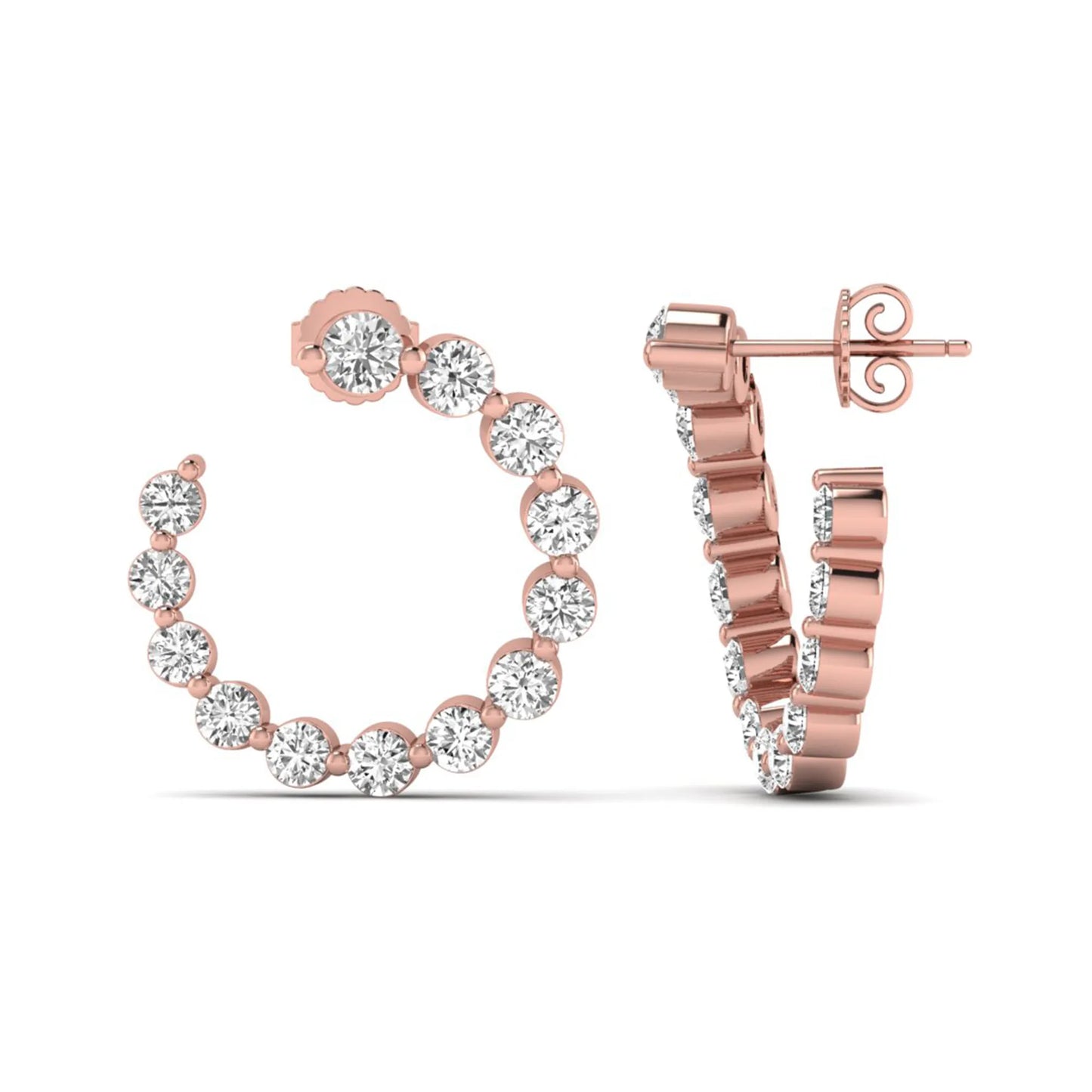 Round prong set lab grown diamond open hoop earrings featuring brilliant round cut diamonds in a rose gold finish with push back closure.
