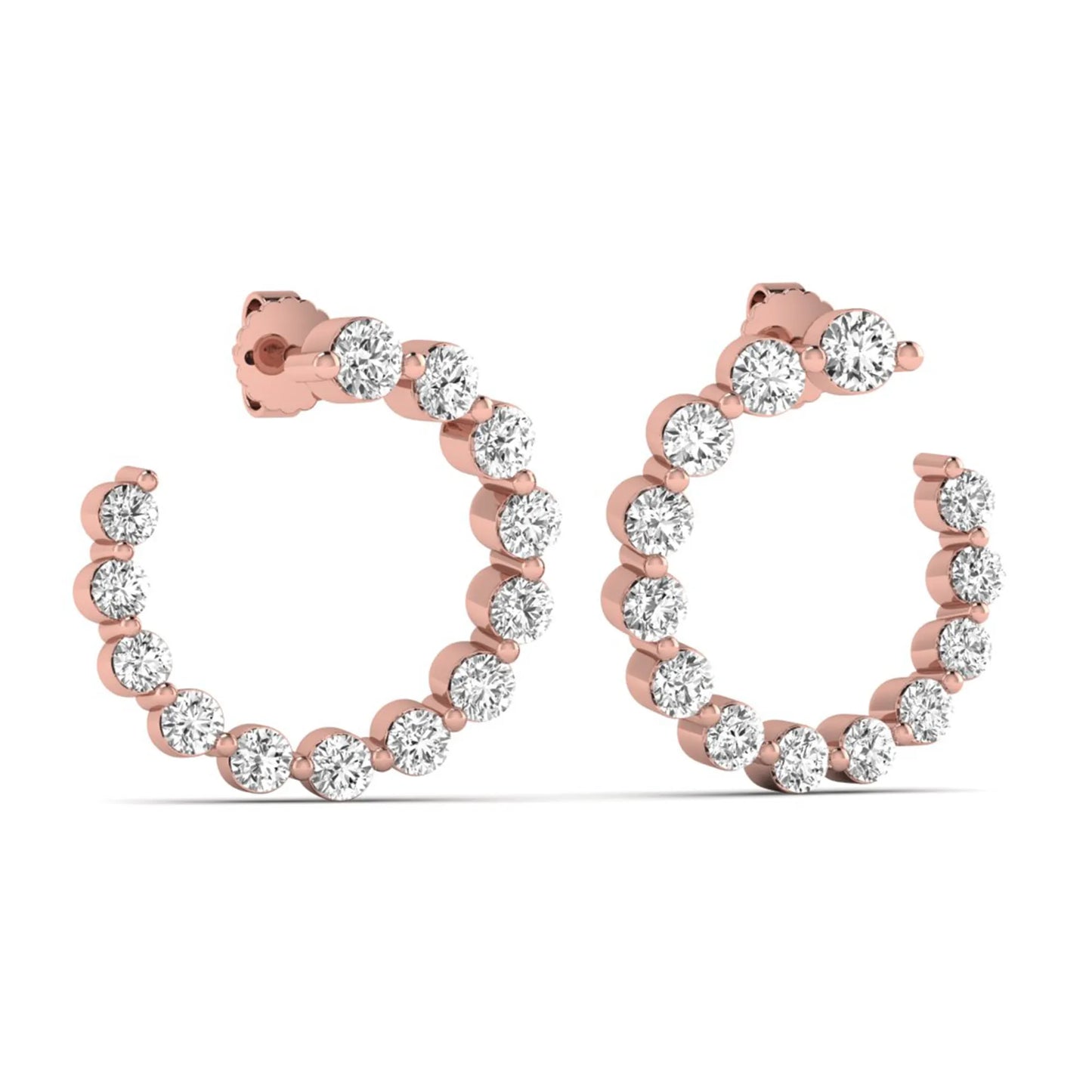 Round prong set lab grown diamond open hoop earrings featuring brilliant round cut diamonds in a rose gold finish with push back closure.