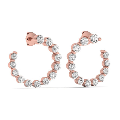 Round prong set lab grown diamond open hoop earrings featuring brilliant round cut diamonds in a rose gold finish with push back closure.