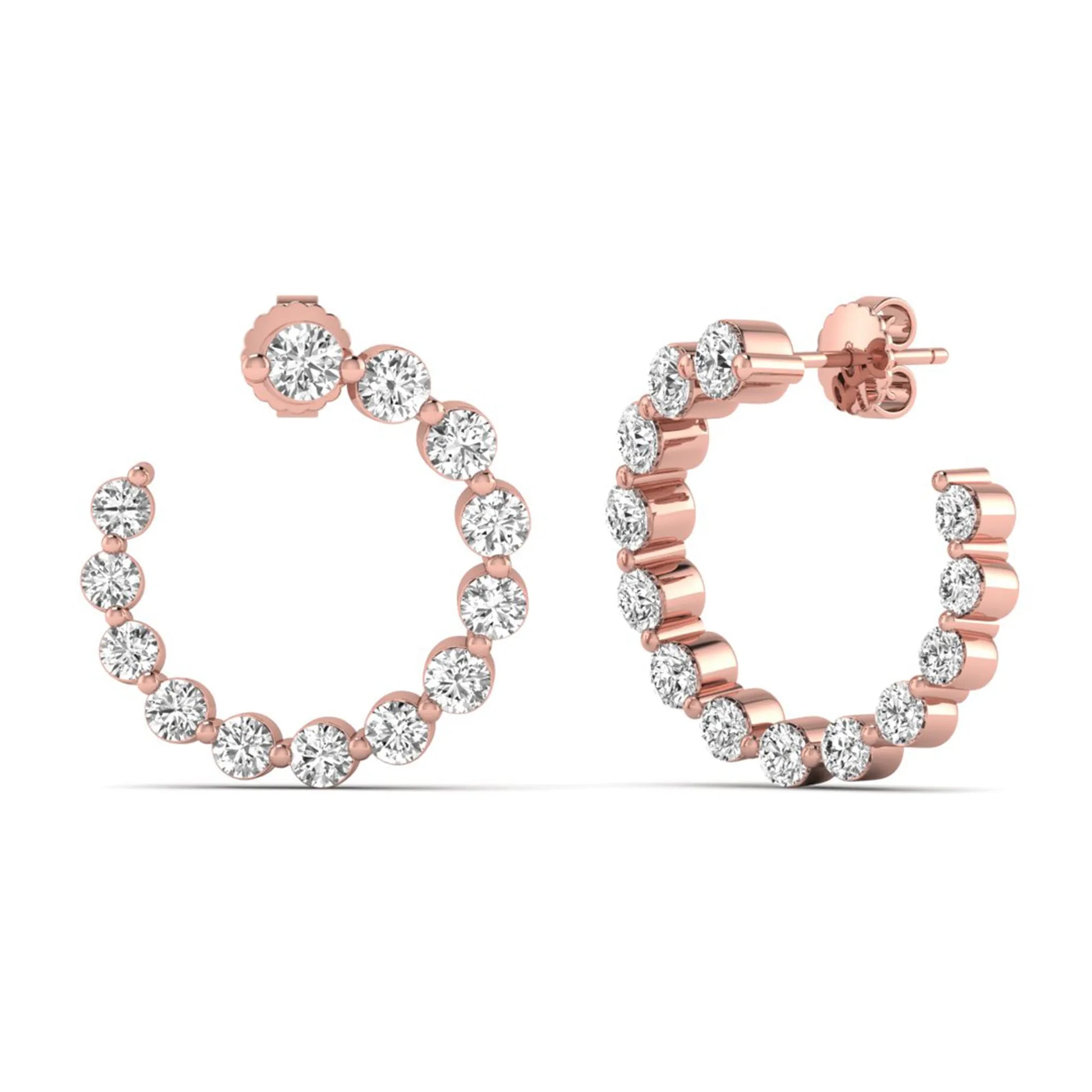 Round prong set lab grown diamond open hoop earrings featuring brilliant round cut diamonds in a rose gold finish with push back closure.