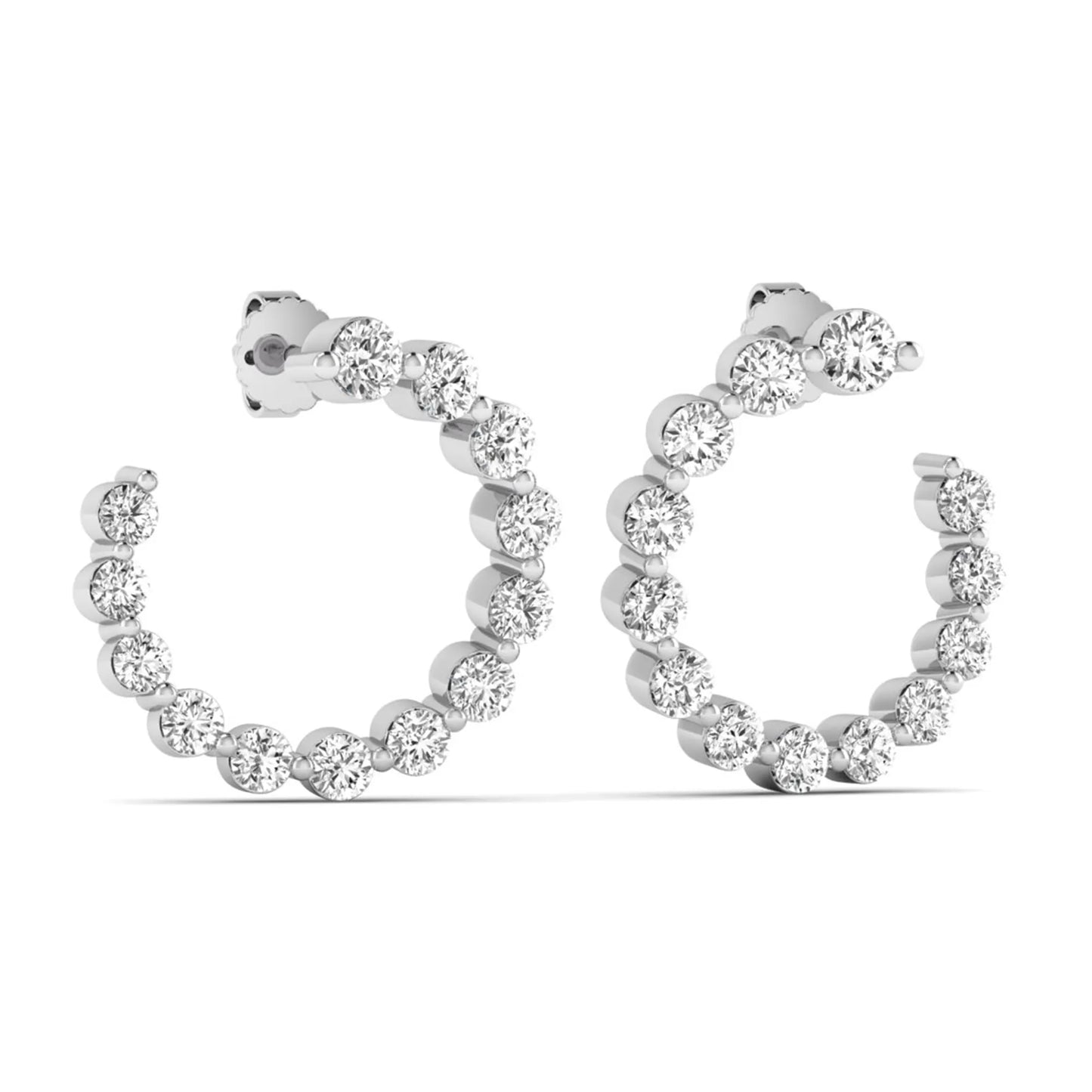 Round prong set lab grown diamond open hoop earrings featuring brilliant round cut diamonds in a white gold finish with push back closure.