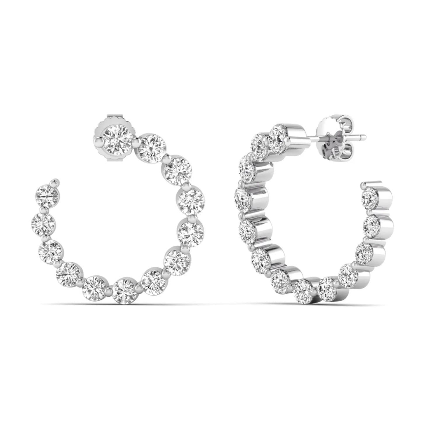 Round prong set lab grown diamond open hoop earrings featuring brilliant round cut diamonds in a white gold finish with push back closure.