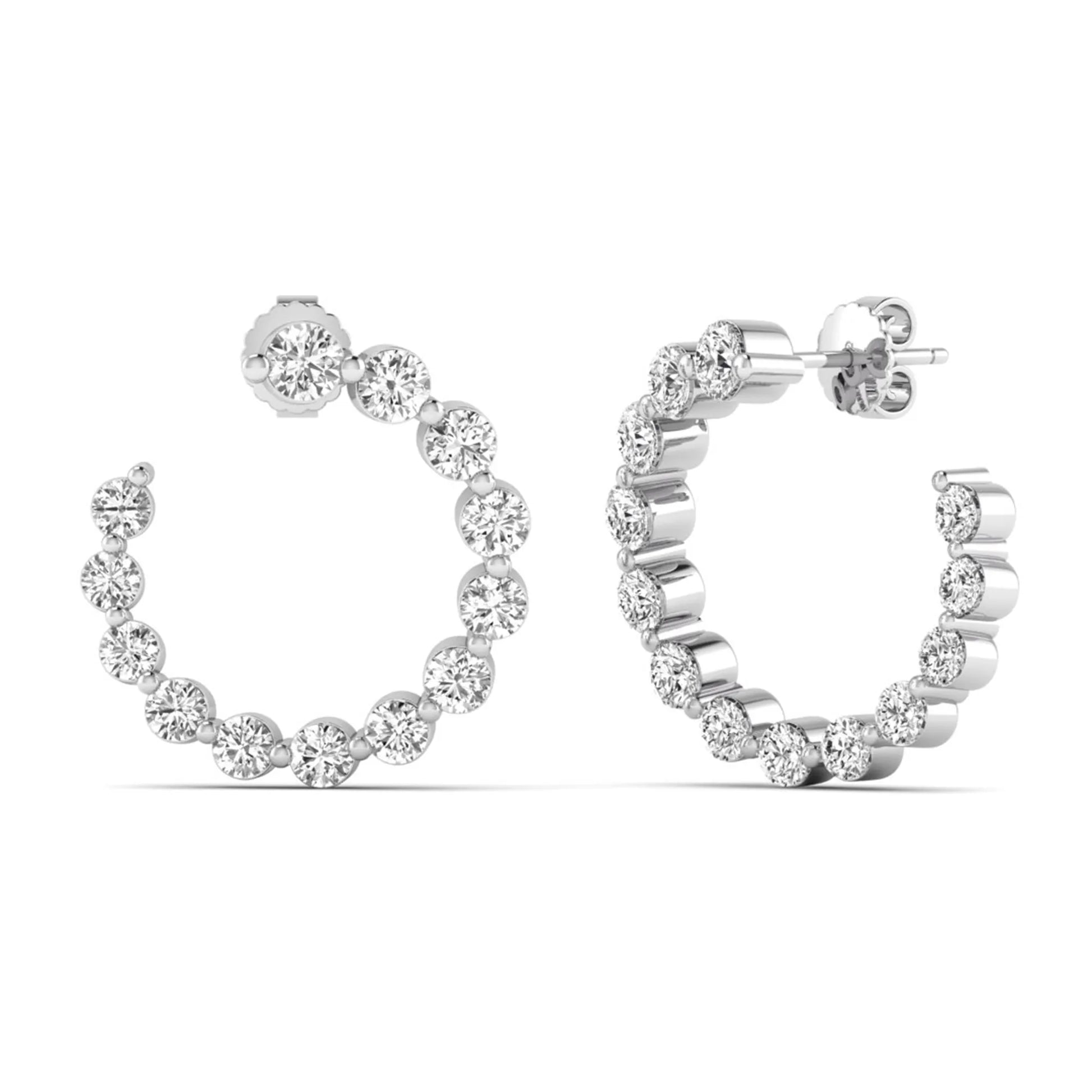 Round prong set lab grown diamond open hoop earrings featuring brilliant round cut diamonds in a white gold finish with push back closure.