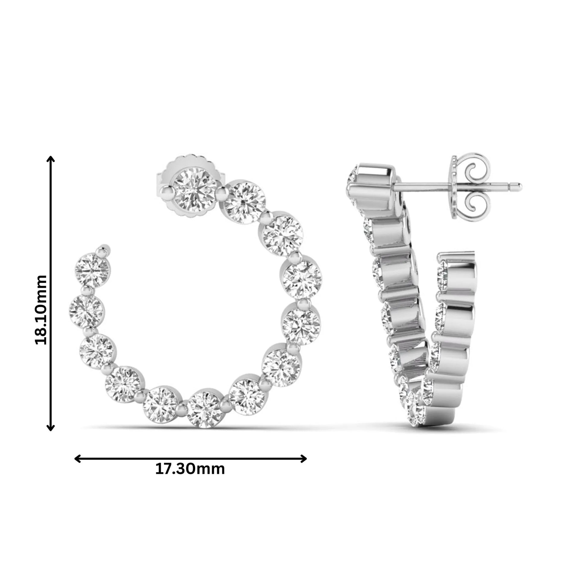 Round prong set lab grown diamond open hoop earrings featuring brilliant round cut diamonds in a white gold finish with push back closure.
