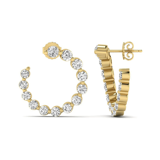 Round prong set lab grown diamond open hoop earrings featuring brilliant round cut diamonds in a yellow gold finish with push back closure.