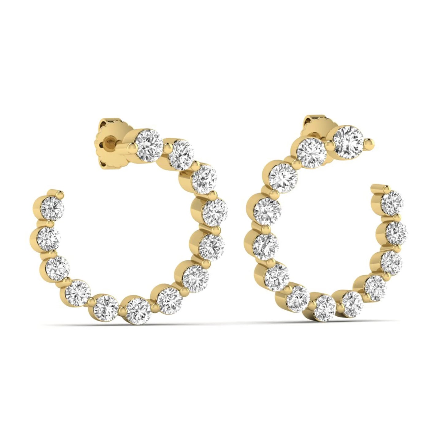 Round prong set lab grown diamond open hoop earrings featuring brilliant round cut diamonds in a yellow gold finish with push back closure.