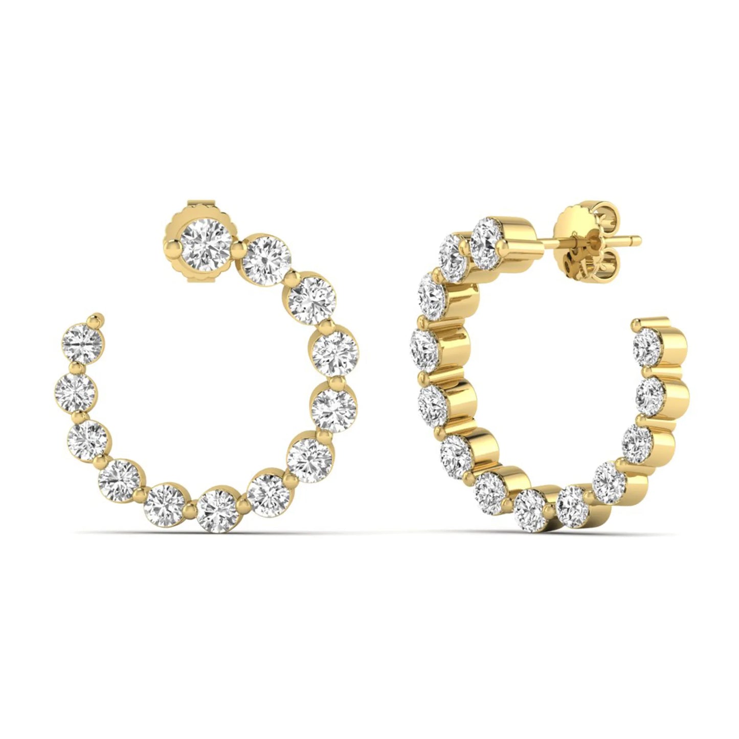 Round prong set lab grown diamond open hoop earrings featuring brilliant round cut diamonds in a yellow gold finish with push back closure.