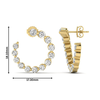 Round prong set lab grown diamond open hoop earrings featuring brilliant round cut diamonds in a yellow gold finish with push back closure.