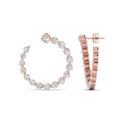 Round prong set lab grown diamond open hoop earrings featuring brilliant round cut diamonds in a rose gold finish with push back closure.