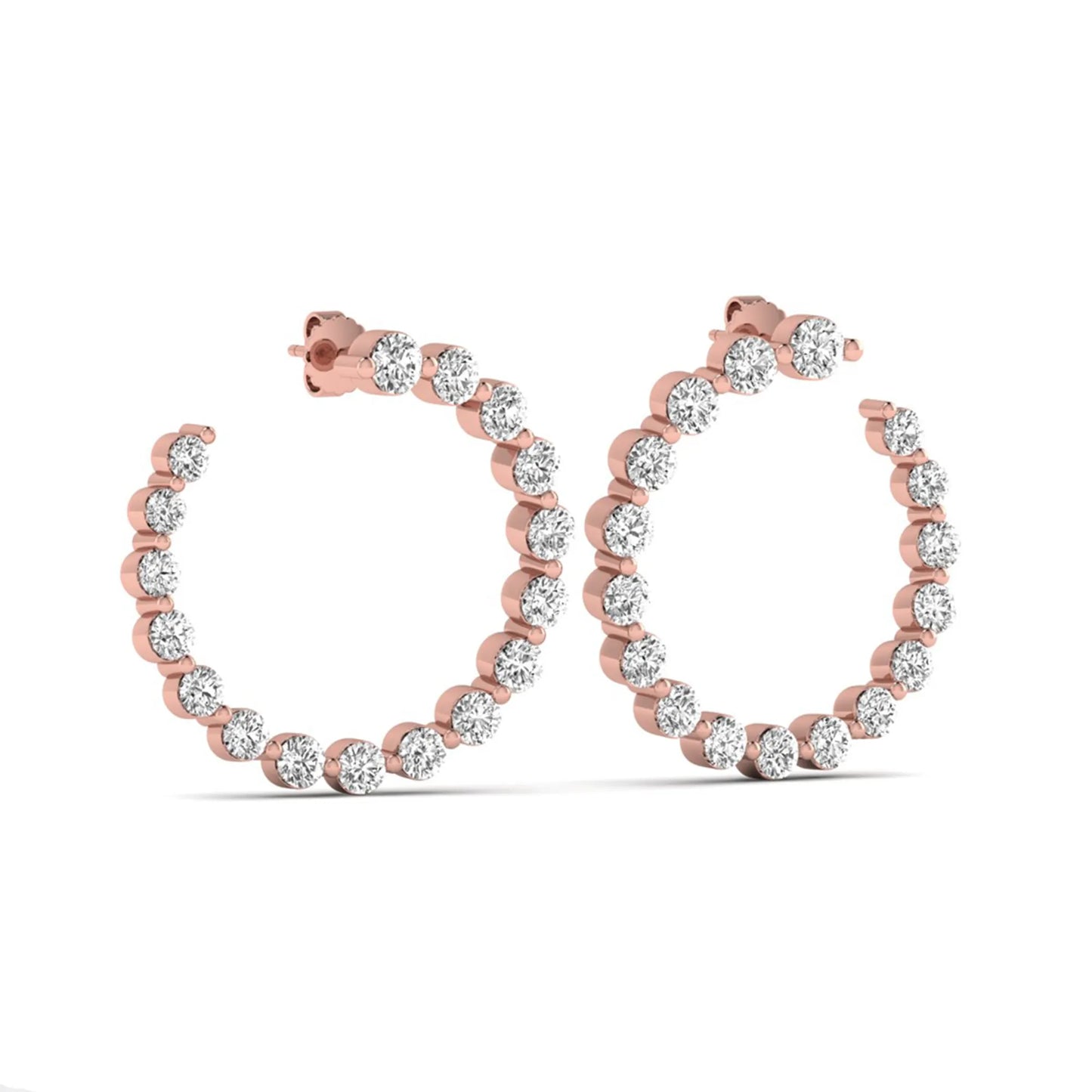 Round prong set lab grown diamond open hoop earrings featuring brilliant round cut diamonds in a rose gold finish with push back closure.