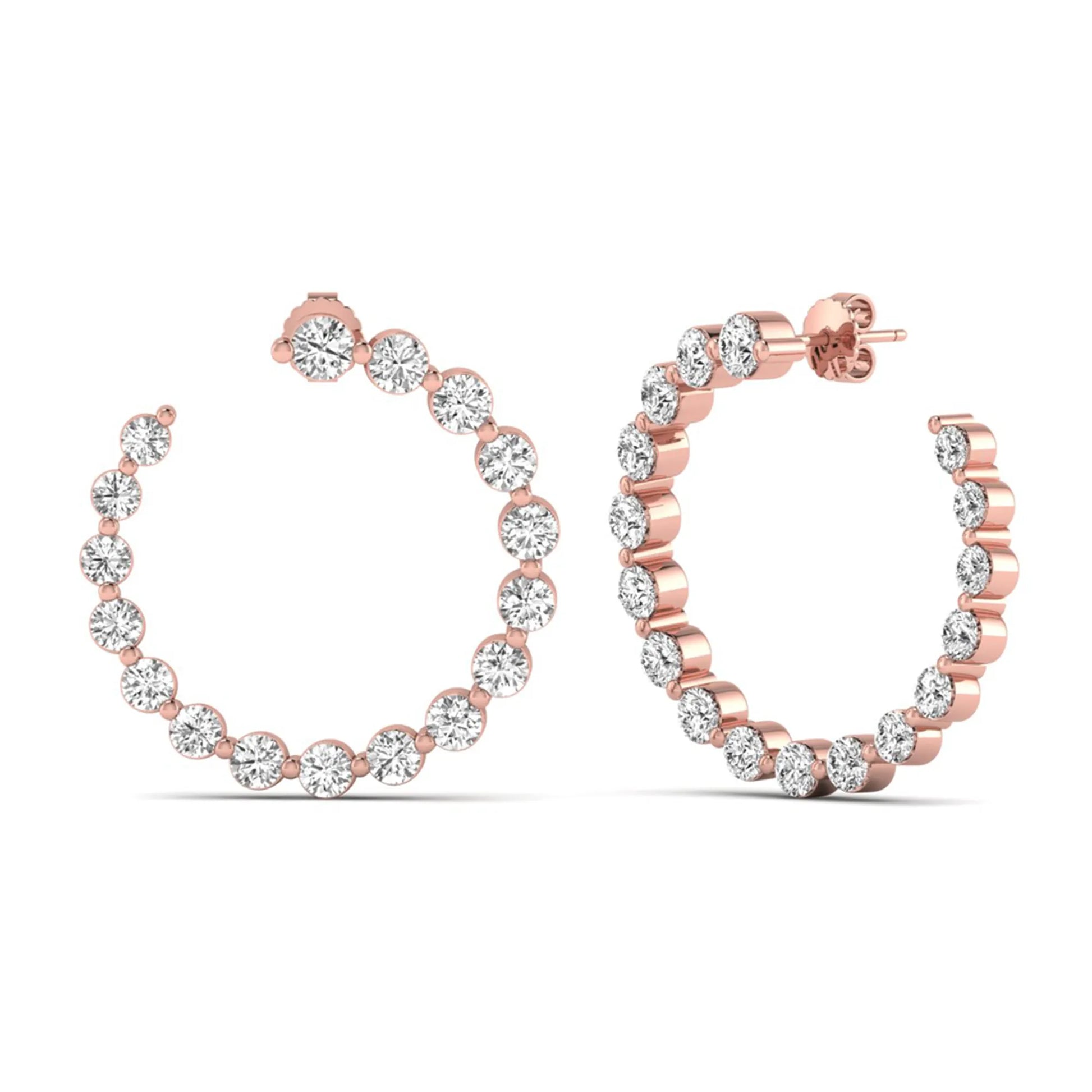 Round prong set lab grown diamond open hoop earrings featuring brilliant round cut diamonds in a rose gold finish with push back closure.