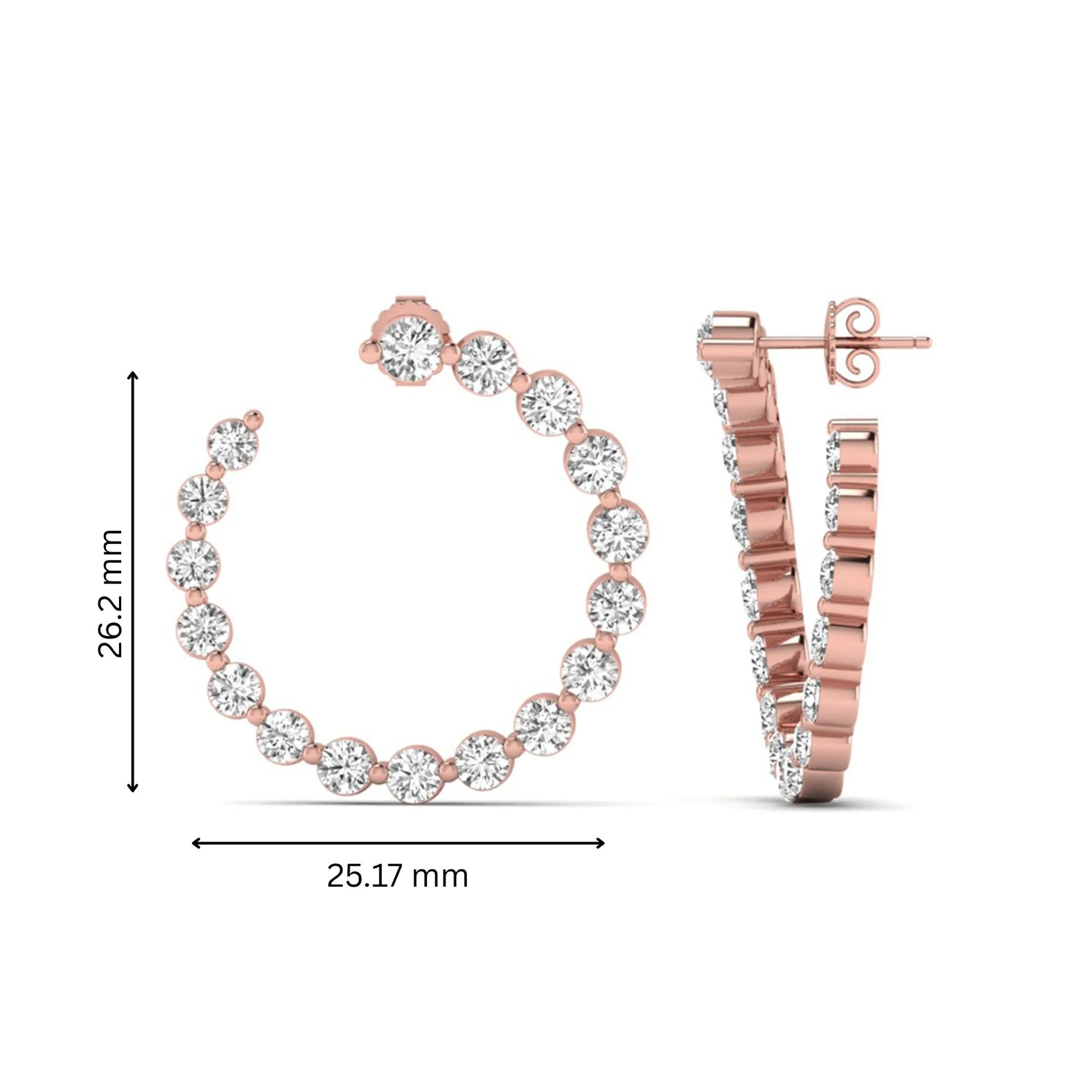 Round prong set lab grown diamond open hoop earrings featuring brilliant round cut diamonds in a rose gold finish with push back closure.