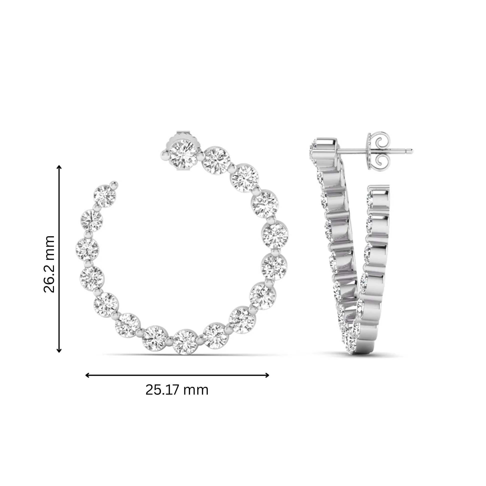 Round prong set lab grown diamond open hoop earrings featuring brilliant round cut diamonds in a white gold finish with push back closure.