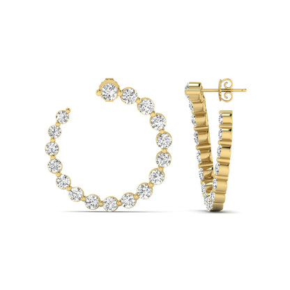 Round prong set lab grown diamond open hoop earrings featuring brilliant round cut diamonds in a yellow gold finish with push back closure.