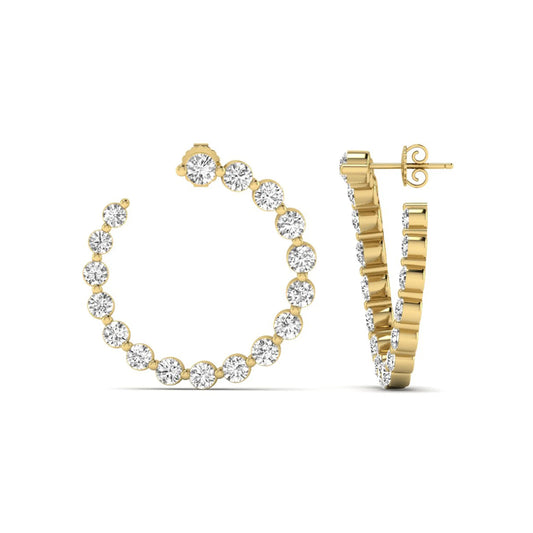Round prong set lab grown diamond open hoop earrings featuring brilliant round cut diamonds in a yellow gold finish with push back closure.