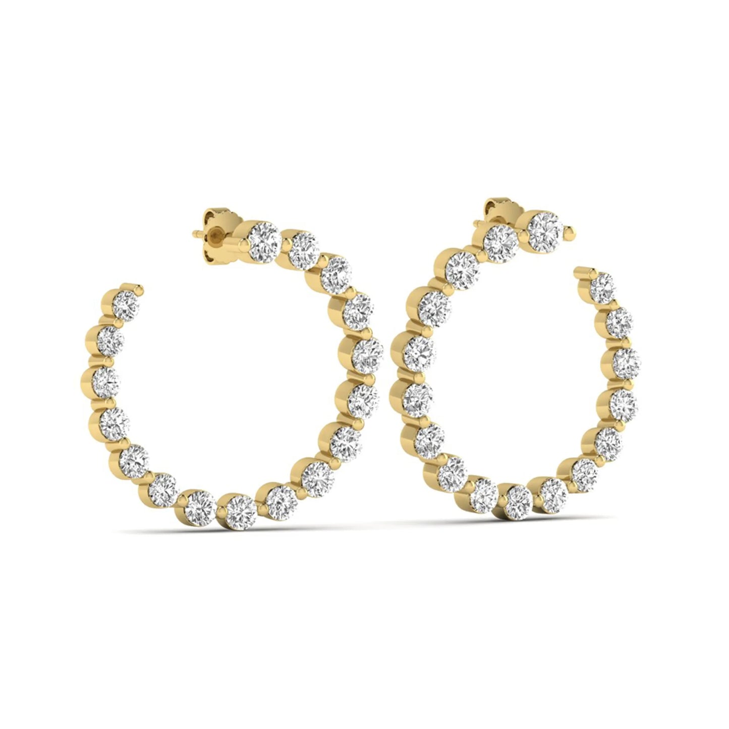 Round prong set lab grown diamond open hoop earrings featuring brilliant round cut diamonds in a yellow gold finish with push back closure.