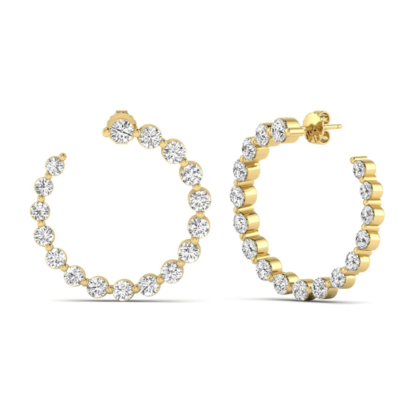 Round prong set lab grown diamond open hoop earrings featuring brilliant round cut diamonds in a yellow gold finish with push back closure.