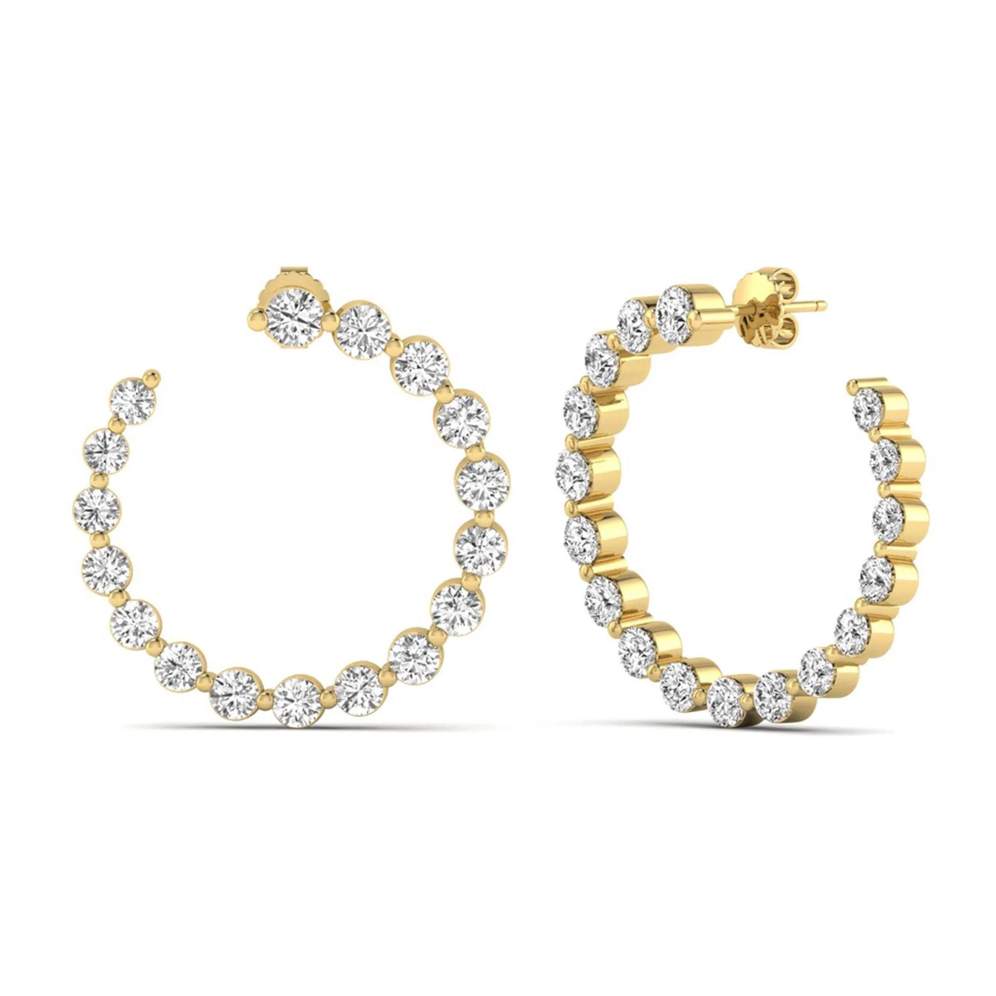 Round prong set lab grown diamond open hoop earrings featuring brilliant round cut diamonds in a yellow gold finish with push back closure.