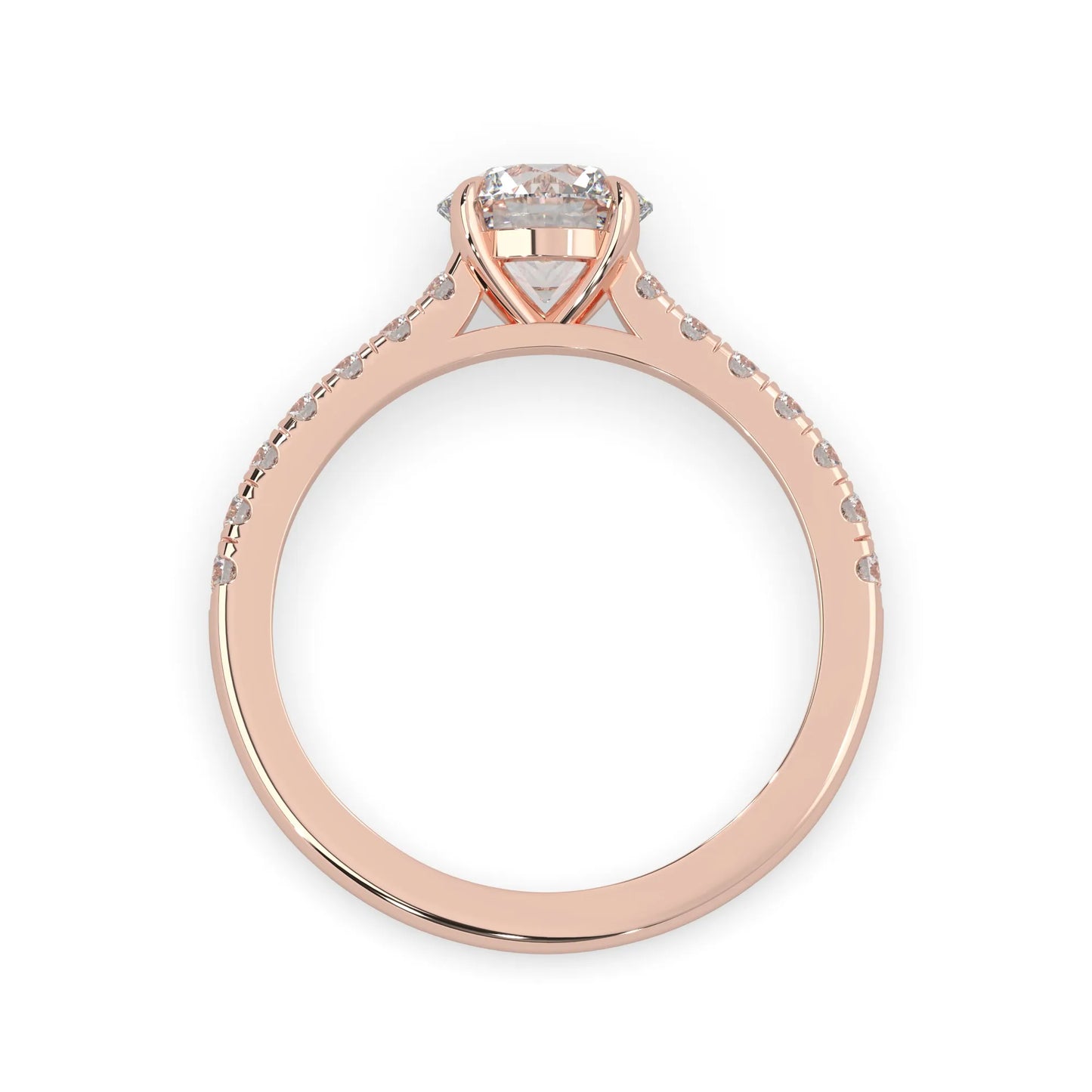rose gold Round cut lab grown diamond prong set engagement ring with pavé band and yellow metal tone design