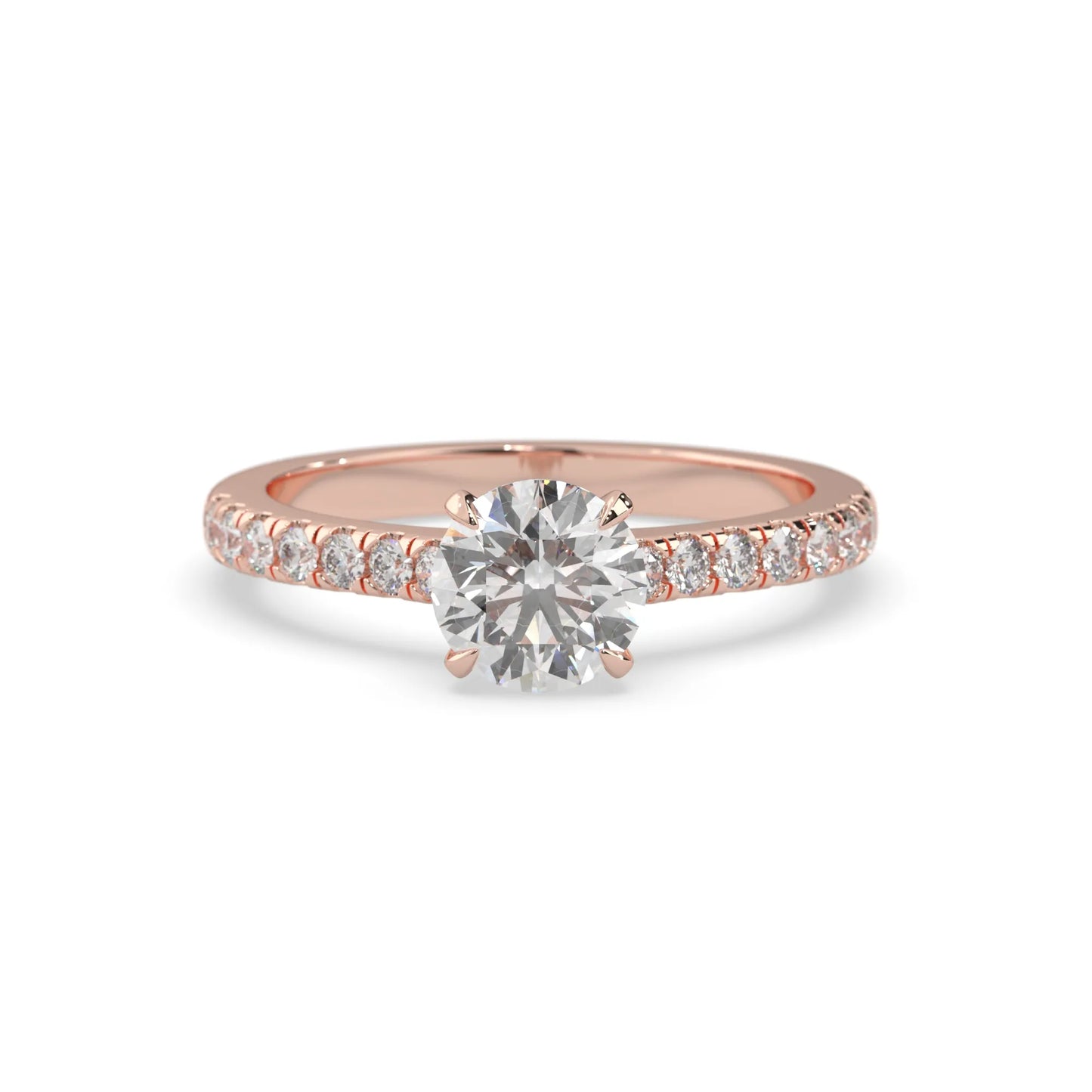 rose gold Round cut lab grown diamond prong set engagement ring with pavé band and yellow metal tone design
