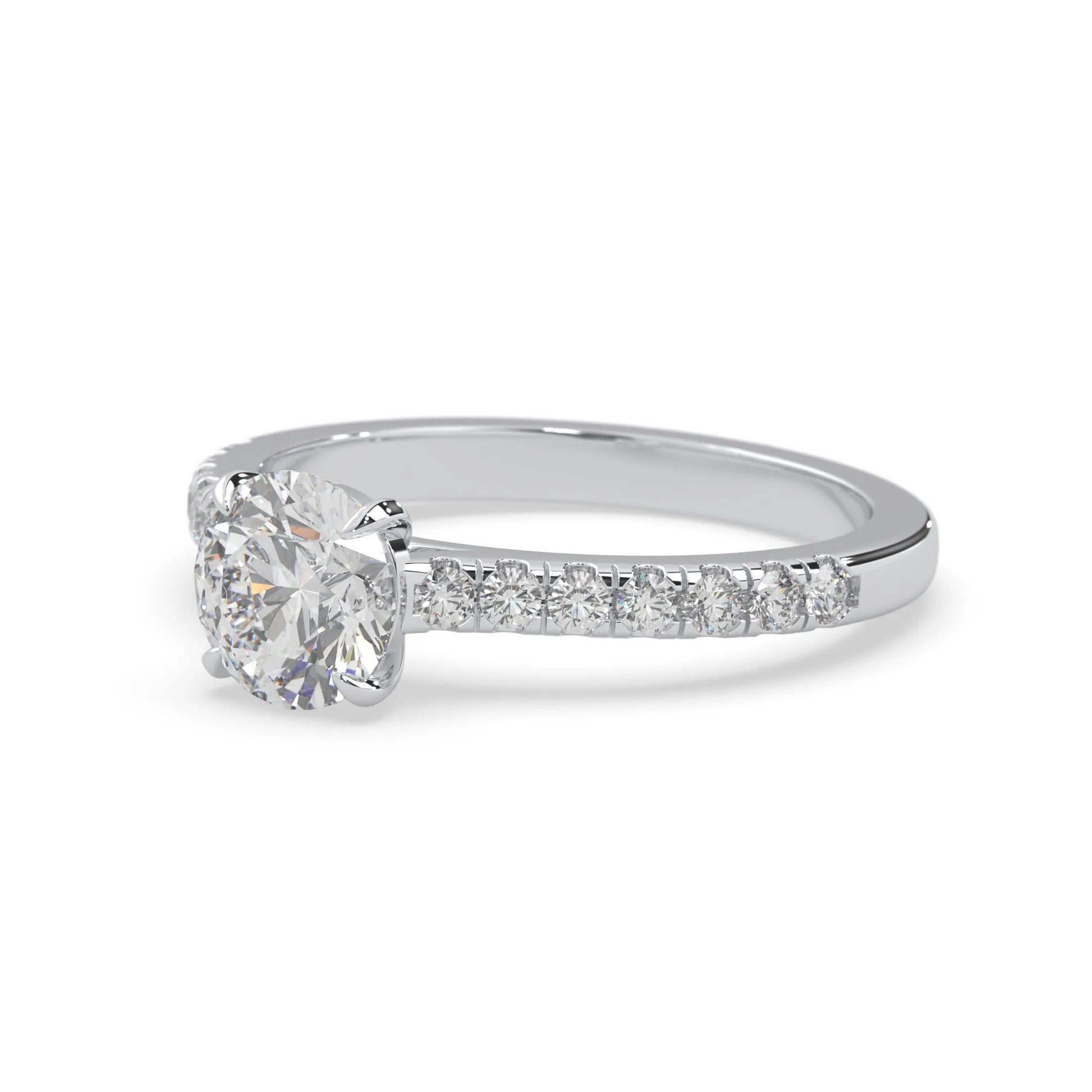 white gold Round cut lab grown diamond prong set engagement ring with pavé band and yellow metal tone design
