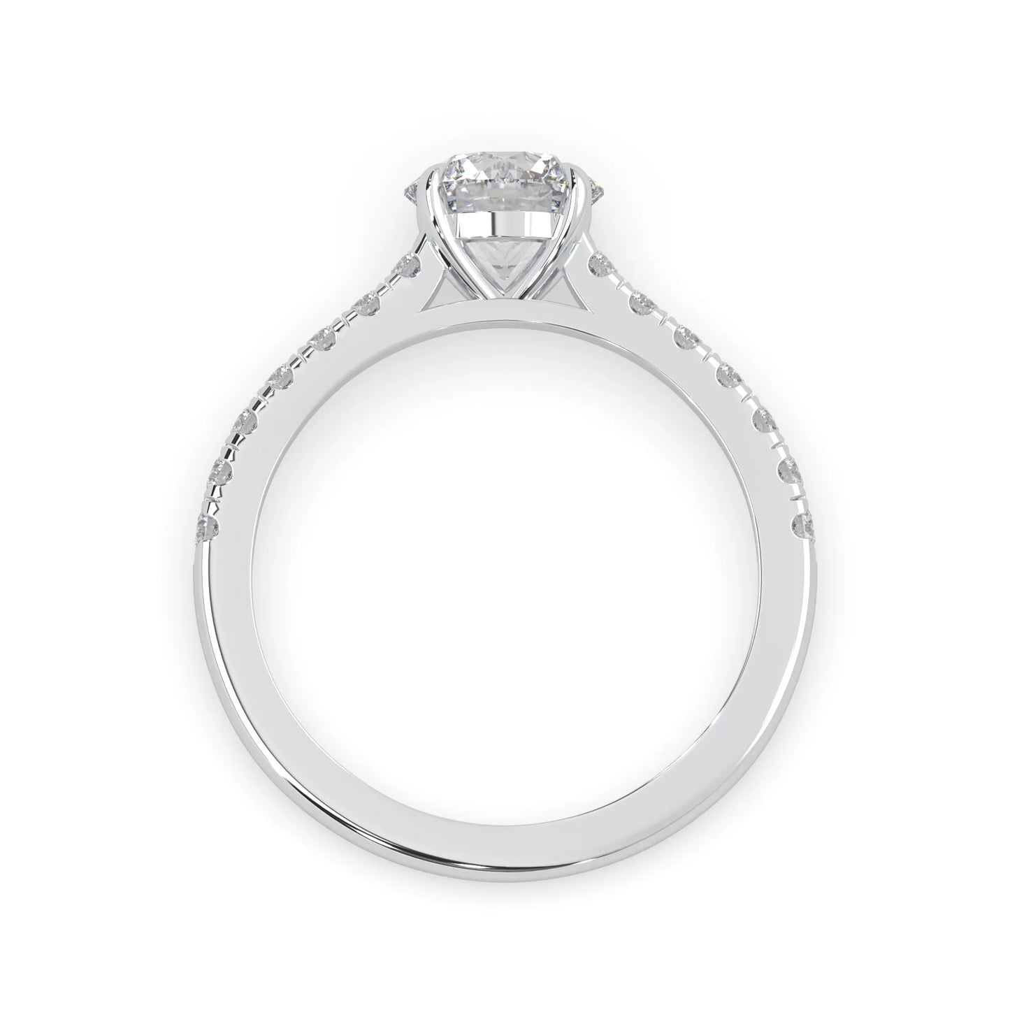 white gold Round cut lab grown diamond prong set engagement ring with pavé band and yellow metal tone design