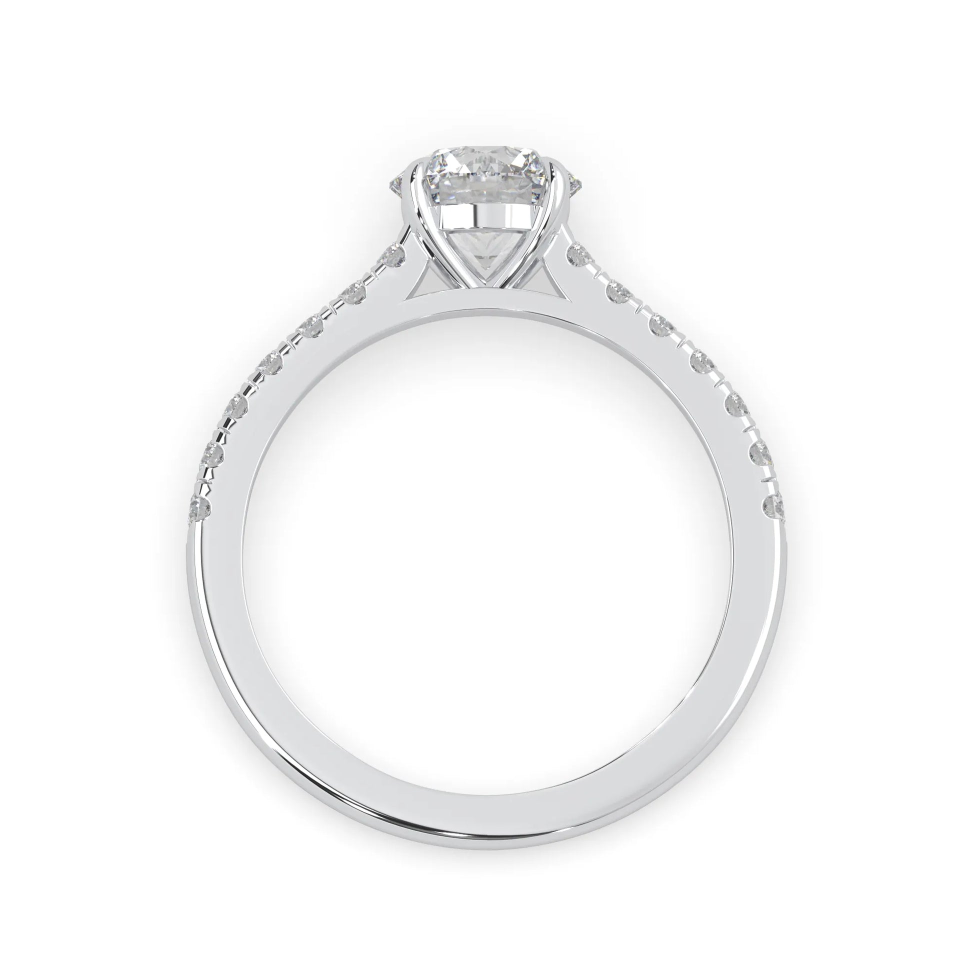 white gold Round cut lab grown diamond prong set engagement ring with pavé band and yellow metal tone design
