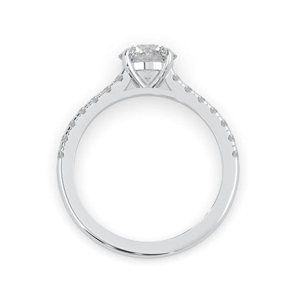 white gold Round cut lab grown diamond prong set engagement ring with pavé band and yellow metal tone design
