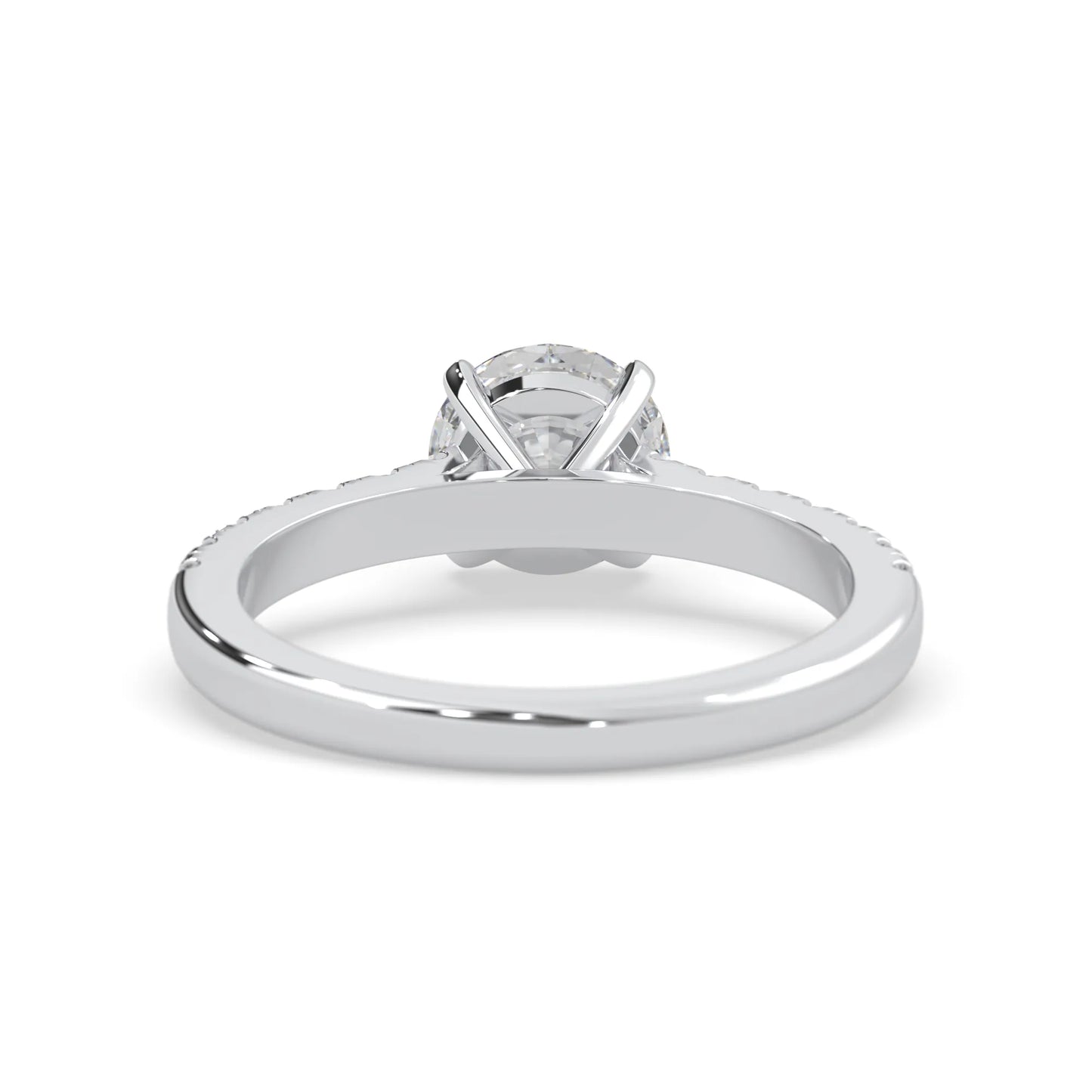 white gold Round cut lab grown diamond prong set engagement ring with pavé band and yellow metal tone design