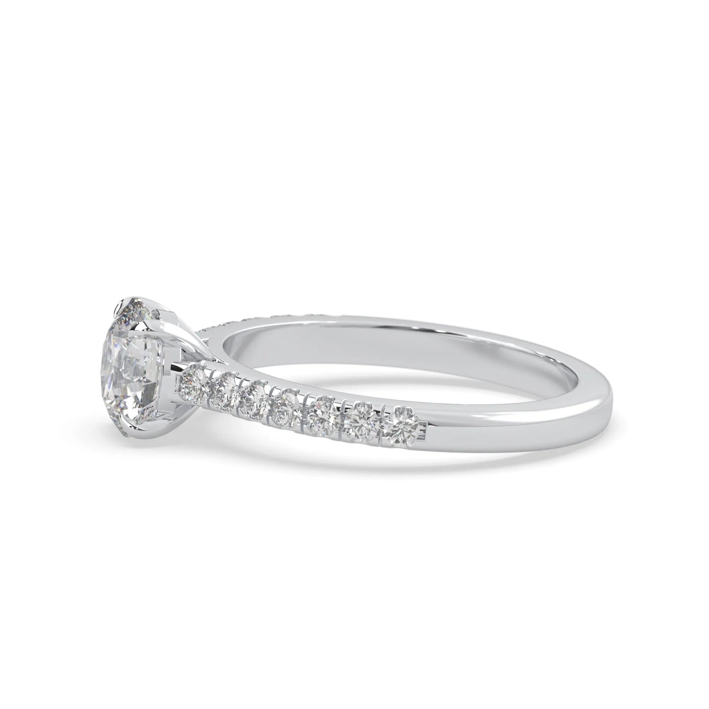 white gold Round cut lab grown diamond prong set engagement ring with pavé band and yellow metal tone design