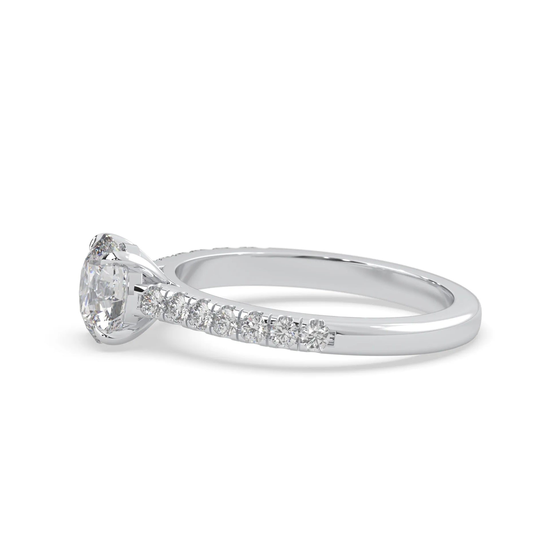 white gold Round cut lab grown diamond prong set engagement ring with pavé band and yellow metal tone design